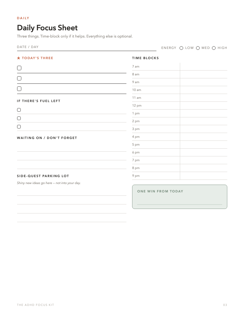 Daily Focus Sheet